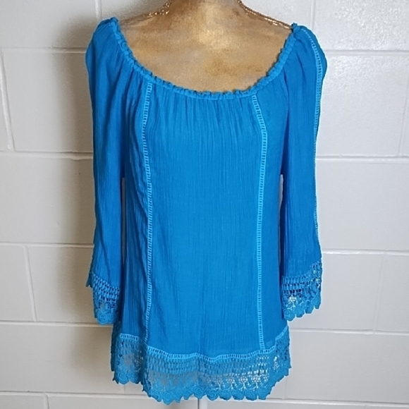 Dark Turqoise Gauzy Crocheted 3/4 Sleeve Top Blouse - Picture 1 of 10